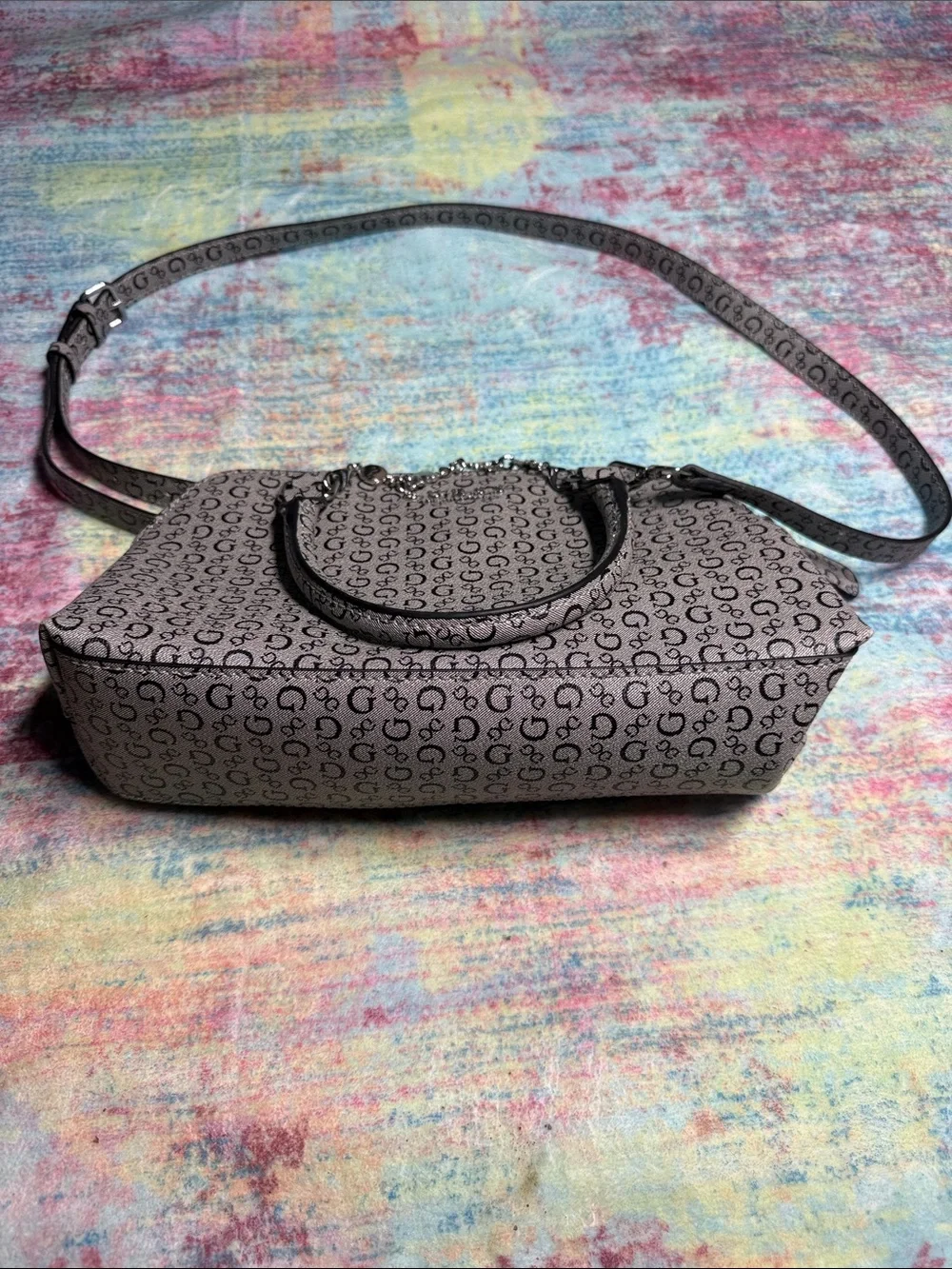 Guess Monogram Satchel in Taupe and Black